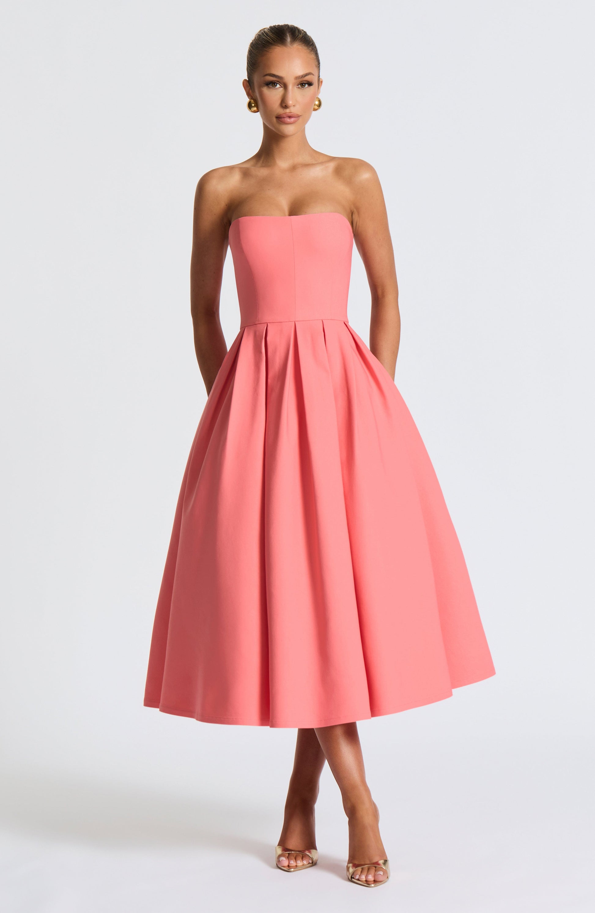 Women's pink maeve strapless midi dress, full length view