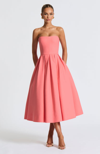 Women's pink maeve strapless midi dress, full length view
