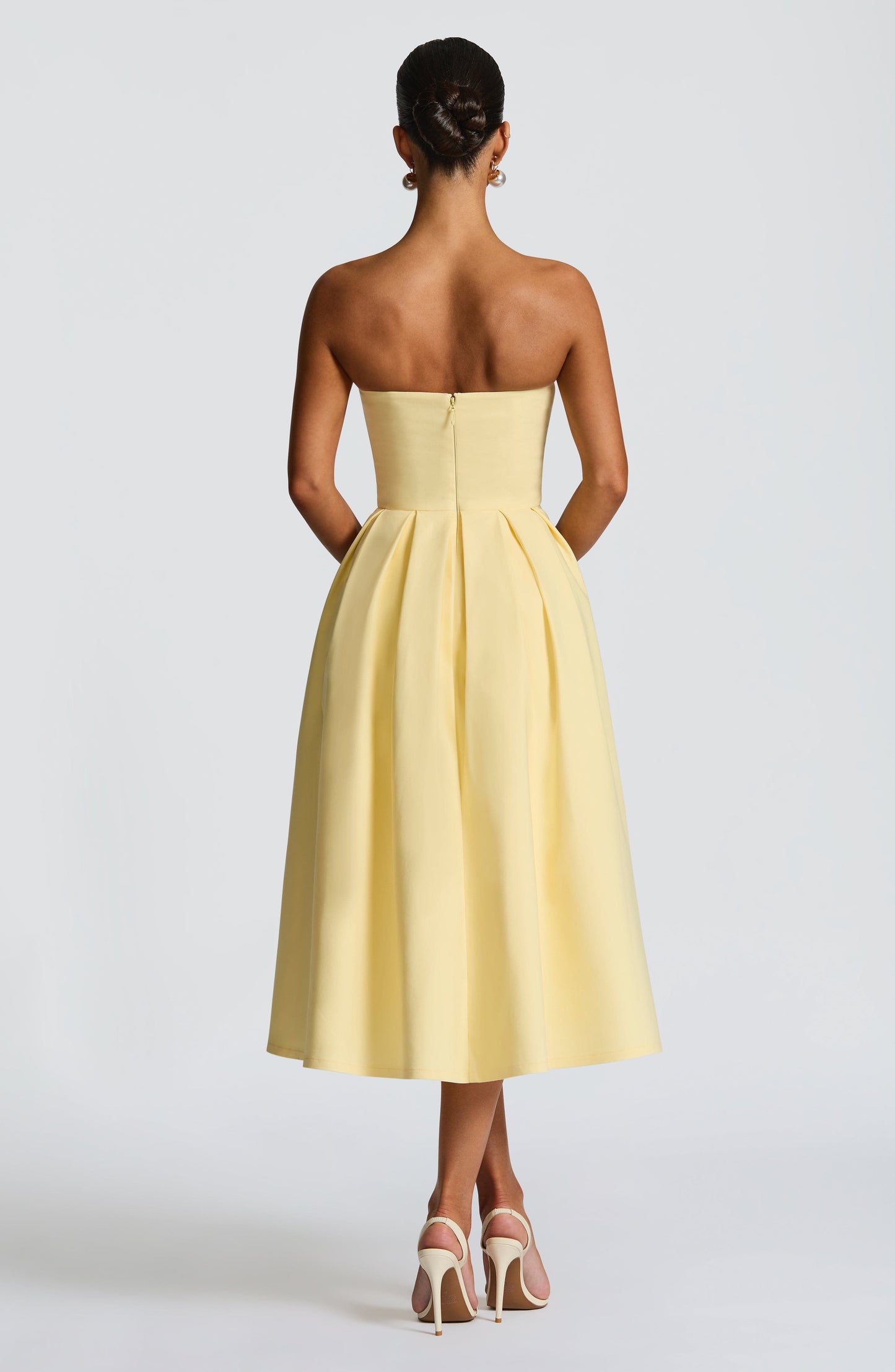 Women's yellow maeve strapless midi dress, side view
