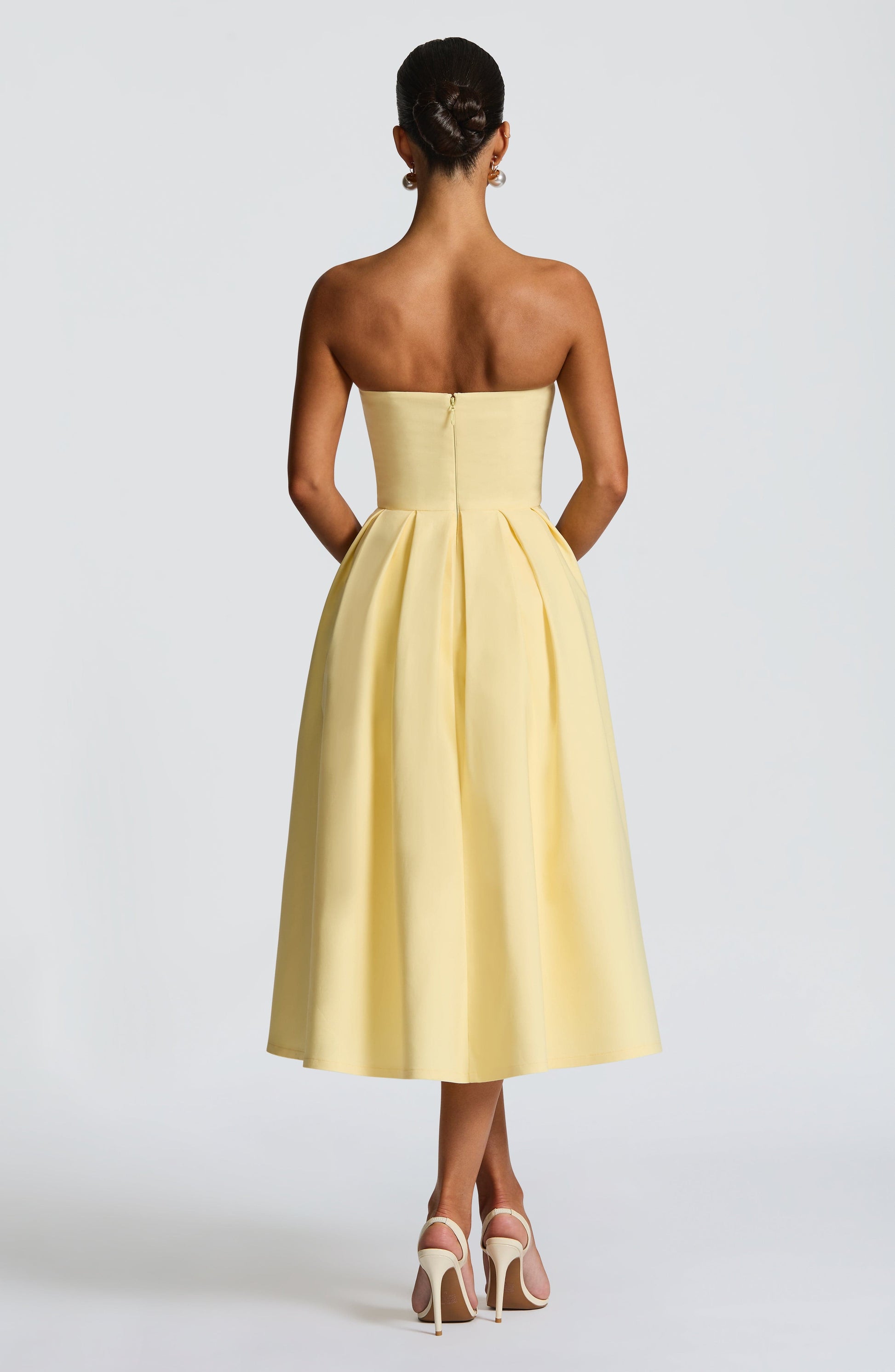 Women's yellow maeve strapless midi dress, side view