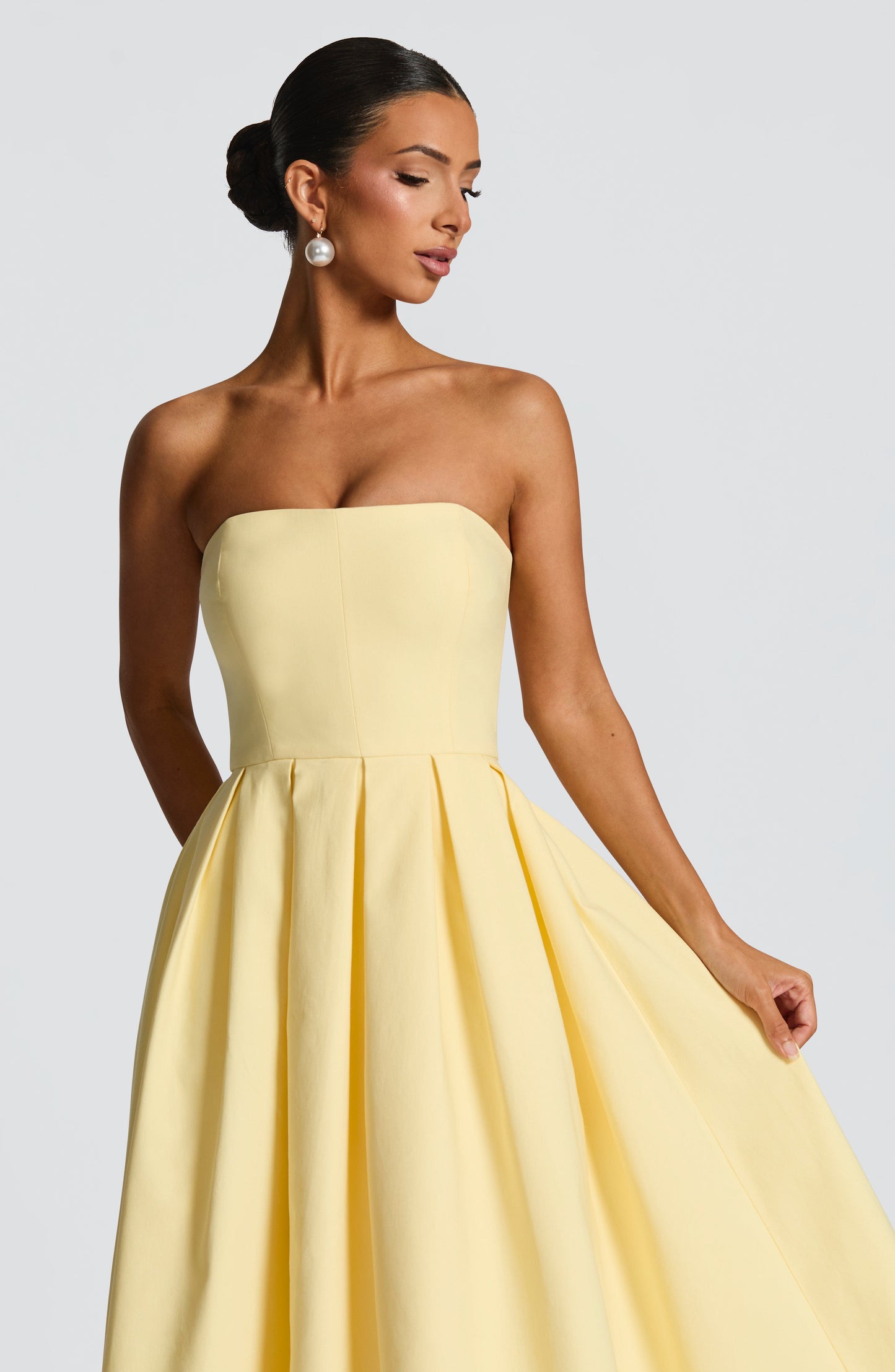 Women's yellow maeve strapless midi dress, detail view