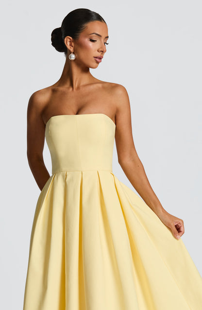 Women's yellow maeve strapless midi dress, detail view