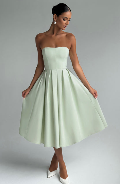 Women's green maeve strapless midi dress, front view