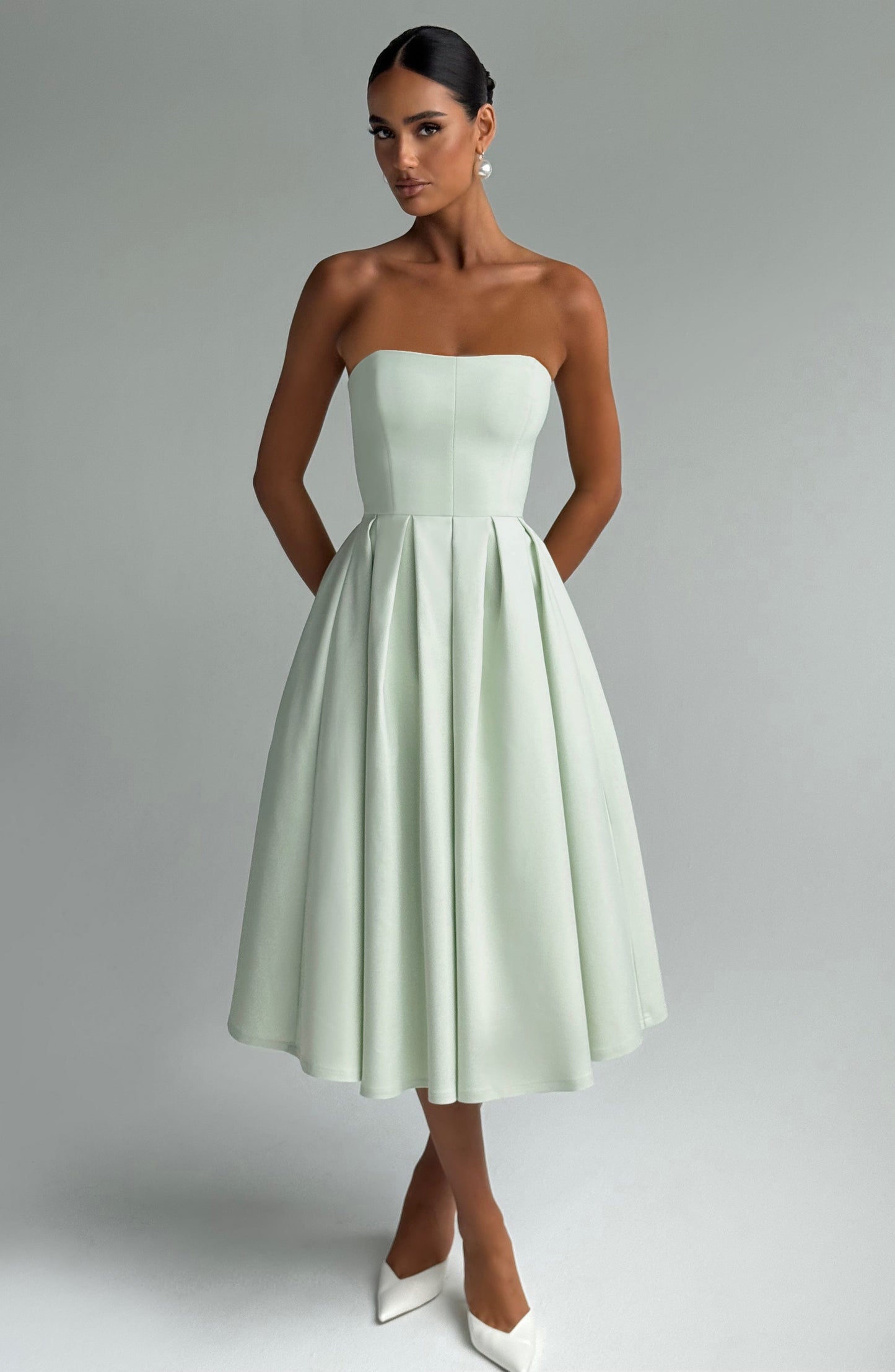 Women's green maeve strapless midi dress, back view