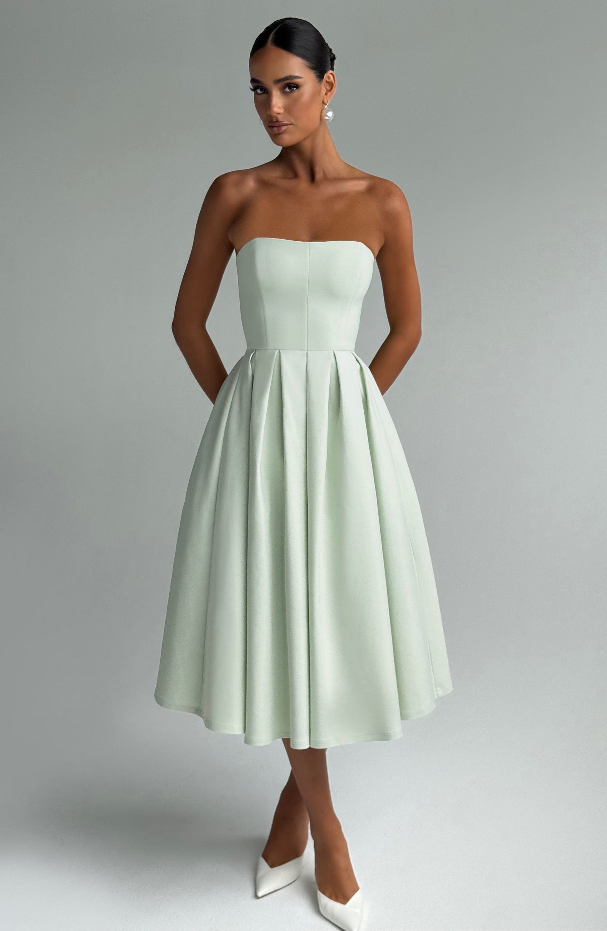 Women's green maeve strapless midi dress, back view