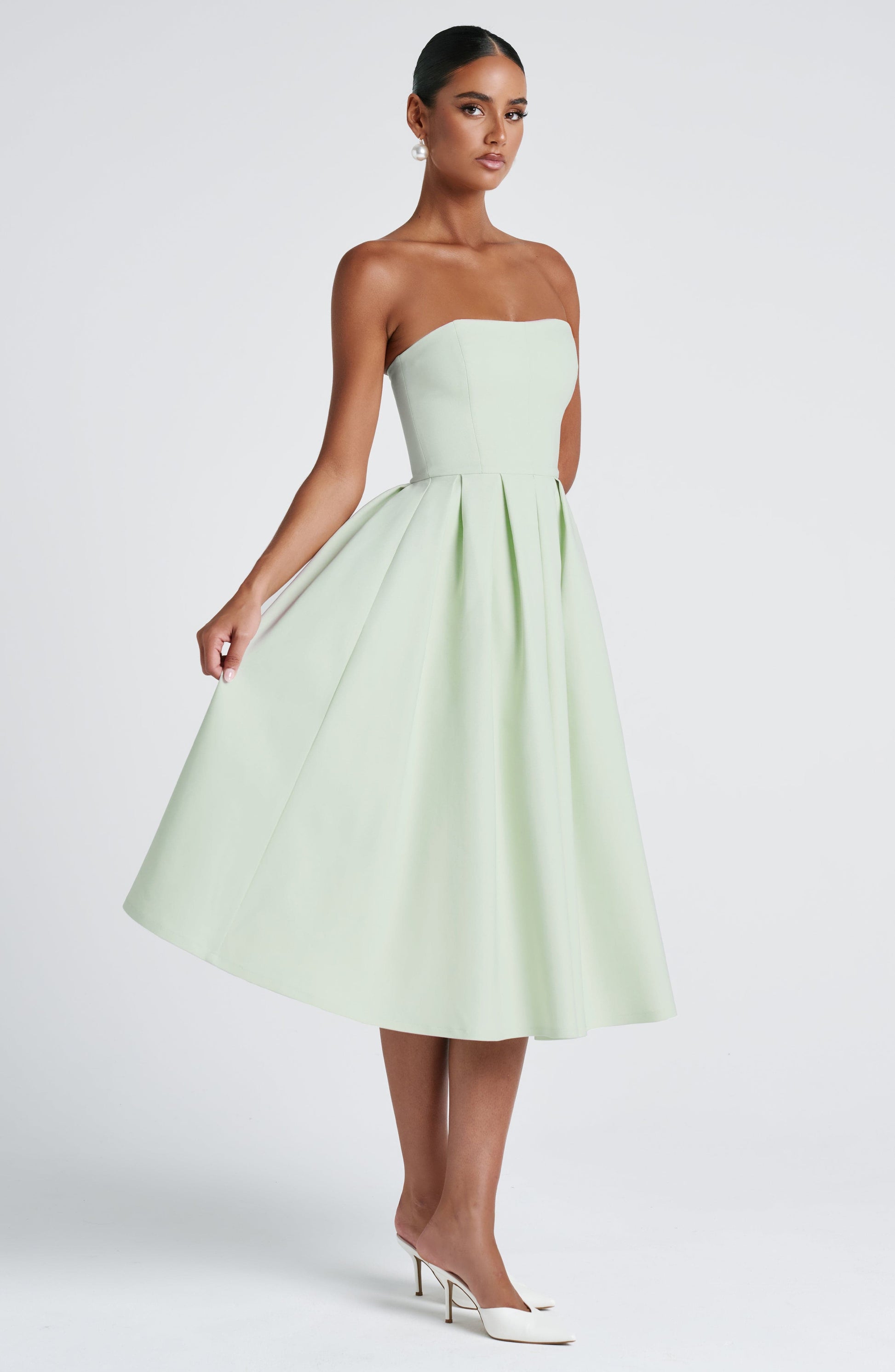 Women's green maeve strapless midi dress, detail view