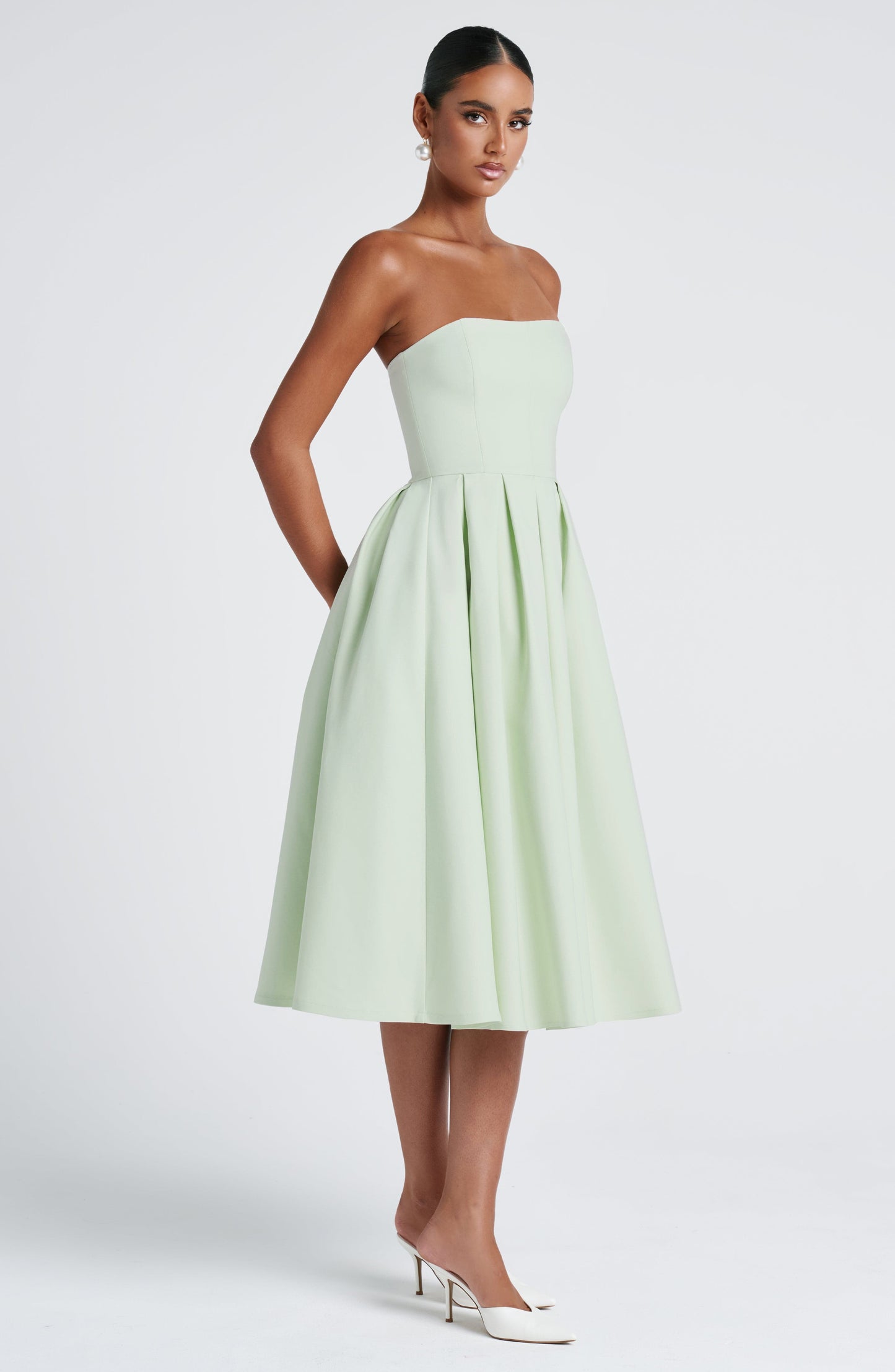 Women's green maeve strapless midi dress, close up