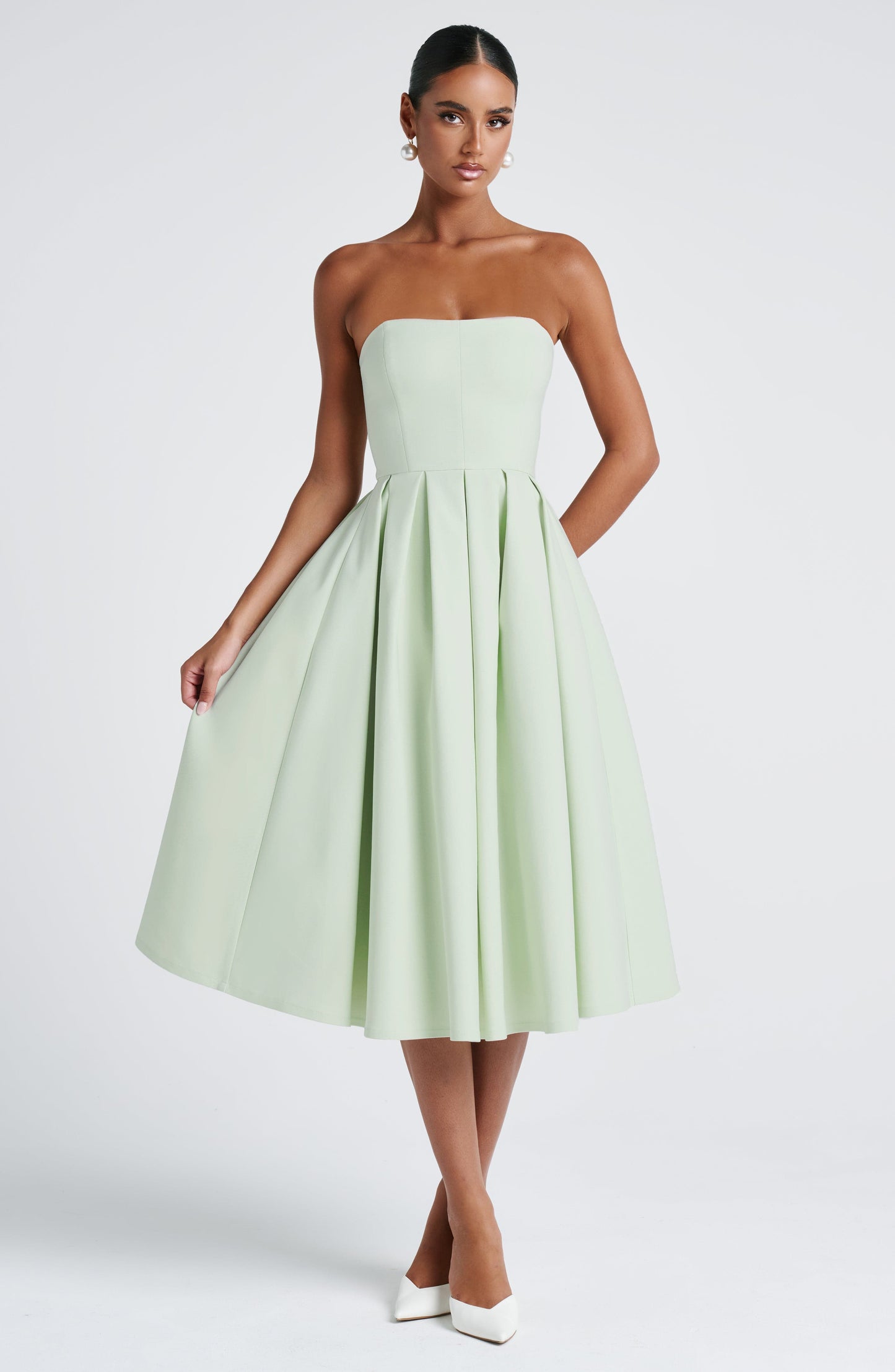 Women's green maeve strapless midi dress, full length view