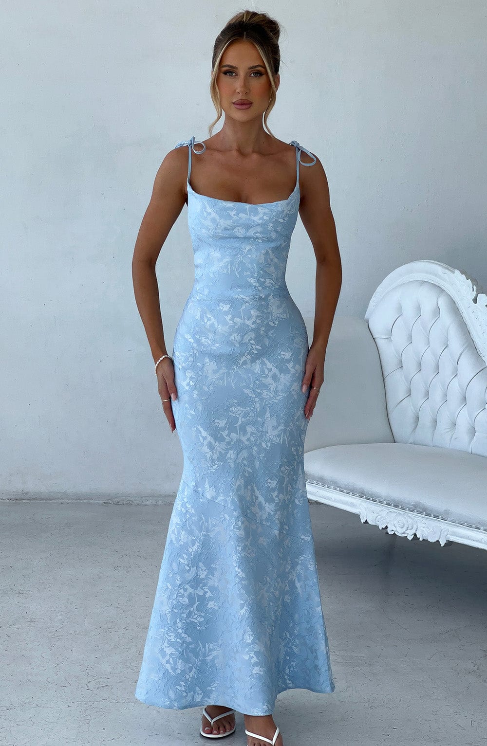 Women's blue greer square maxi dress, front view