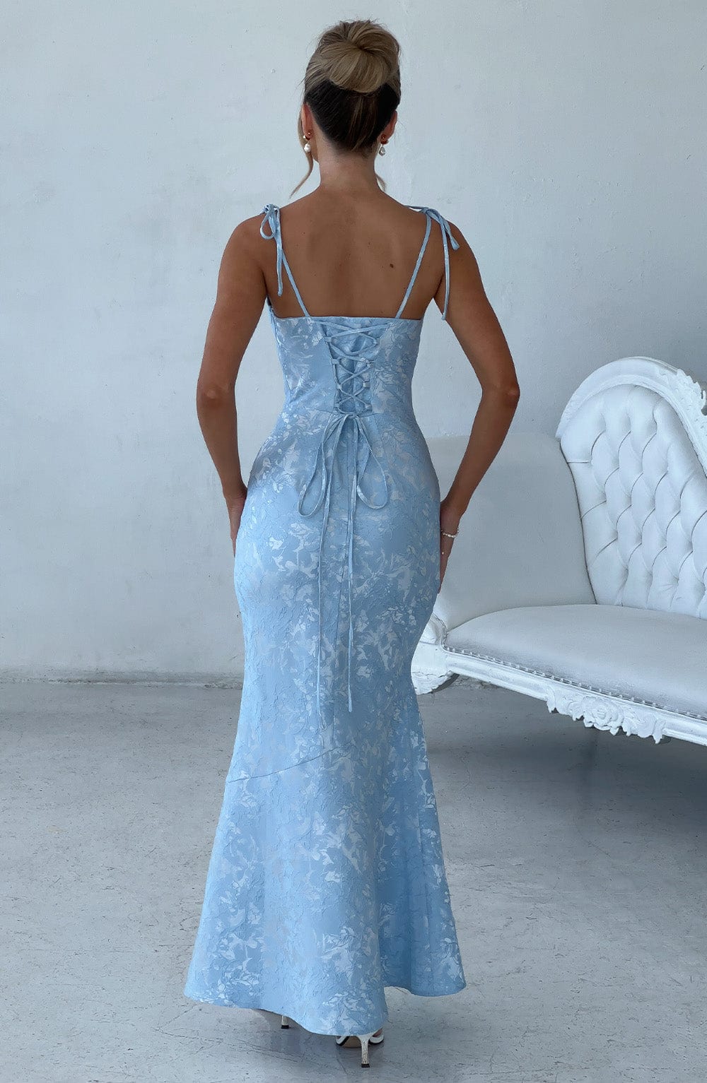 Women's blue greer square maxi dress, back view