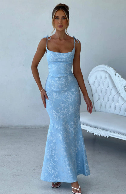 Women's blue greer square maxi dress, side view