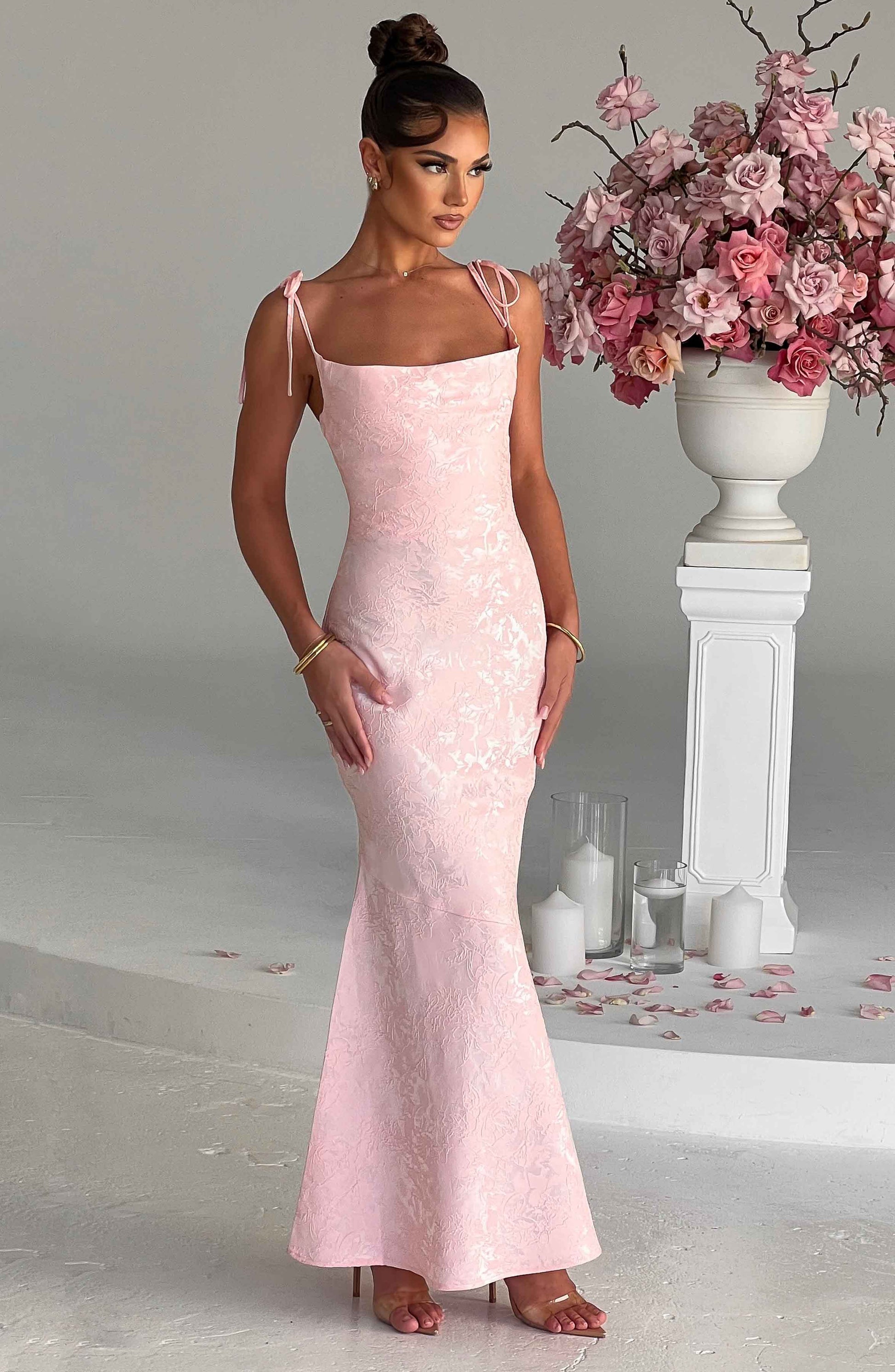 Women's light pink greer square maxi dress, front view