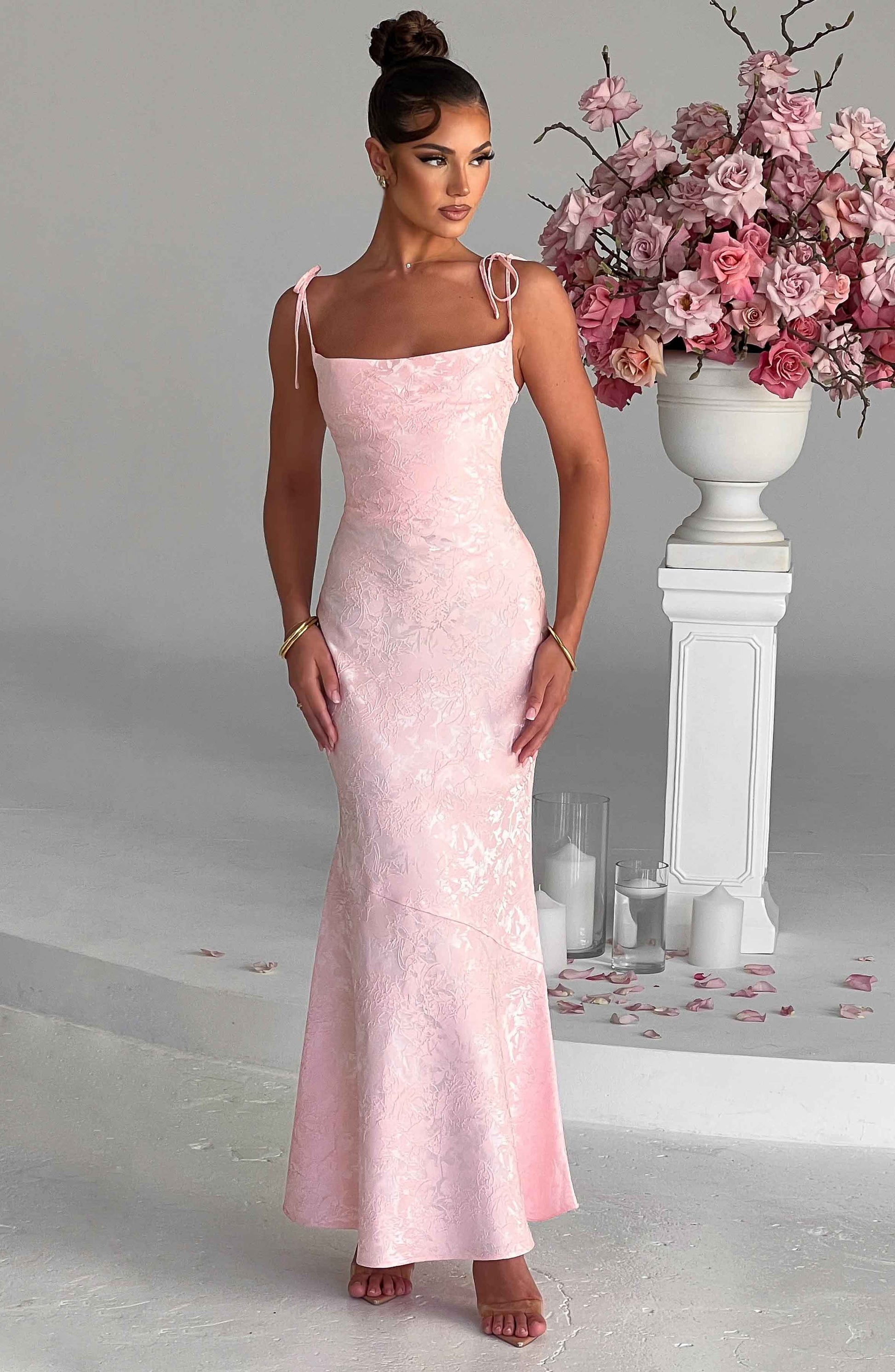 Women's light pink greer square maxi dress, styled view