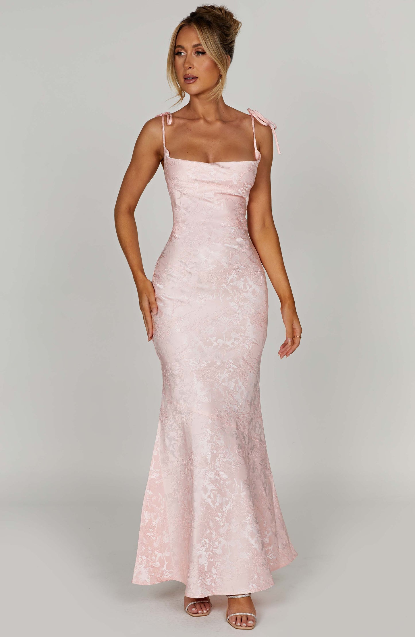Women's light pink greer square maxi dress, close up