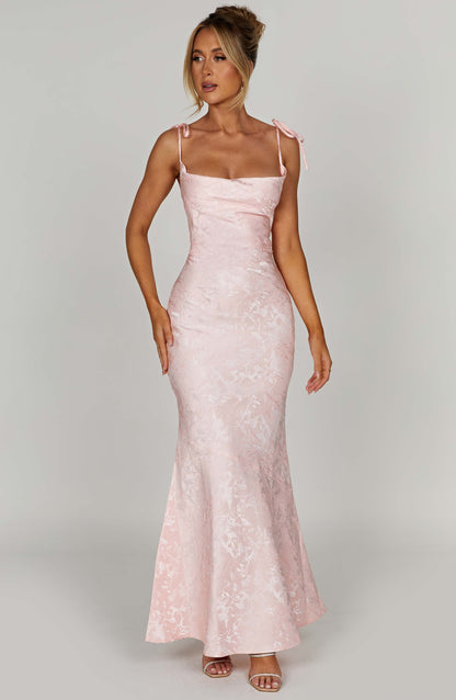 Women's light pink greer square maxi dress, close up