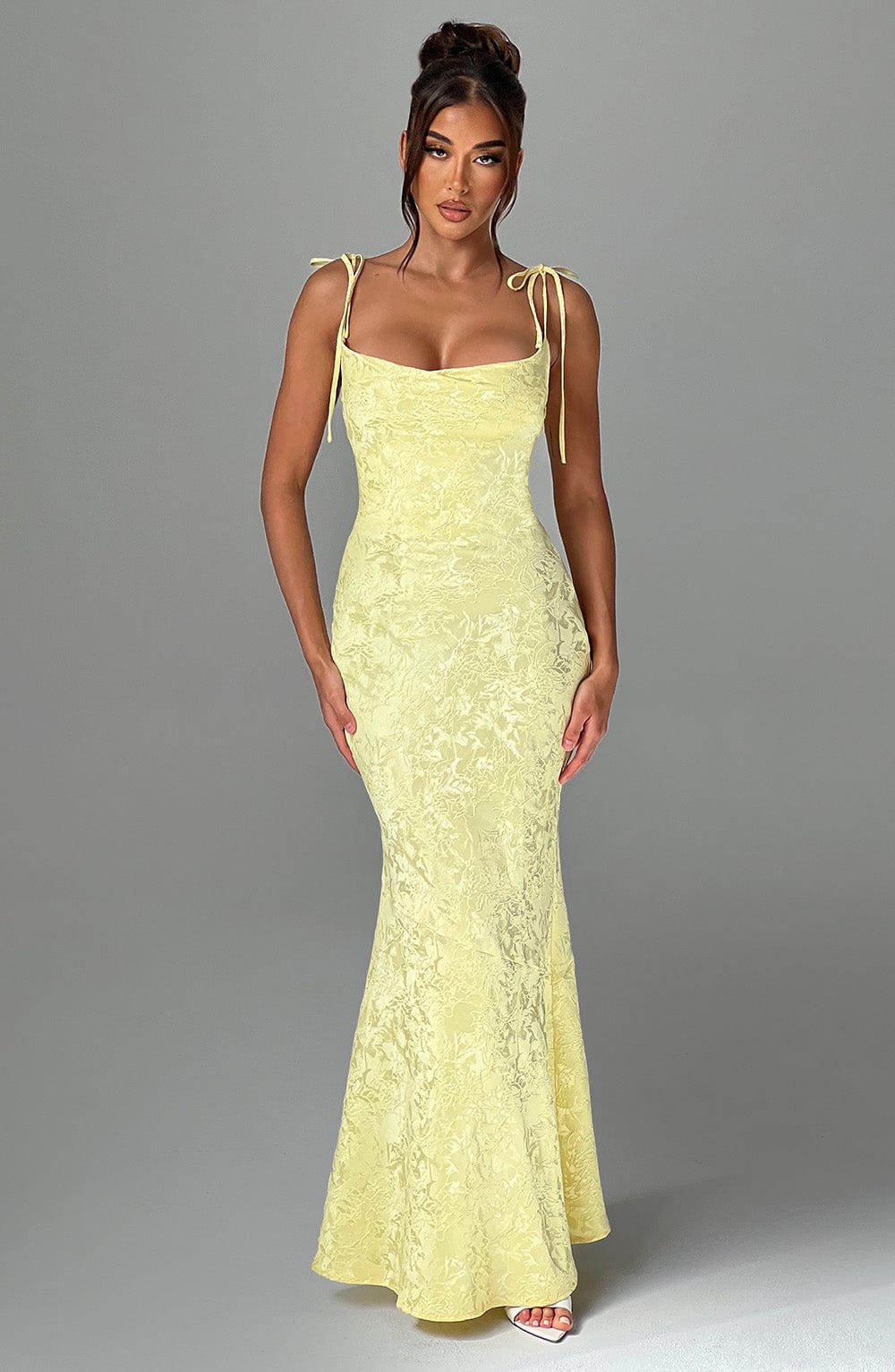 Women's yellow greer square maxi dress, front view
