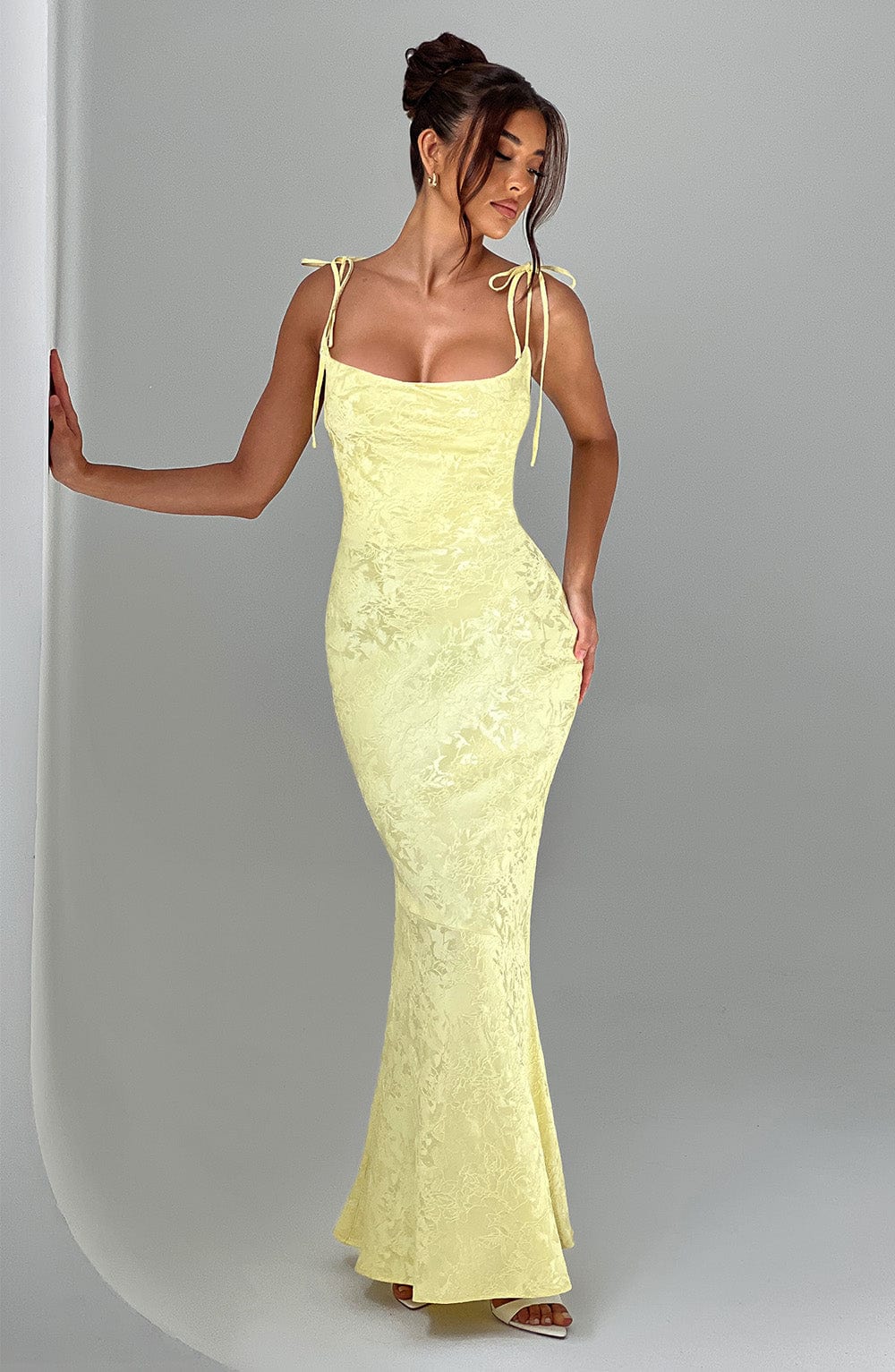 Women's yellow greer square maxi dress, styled view