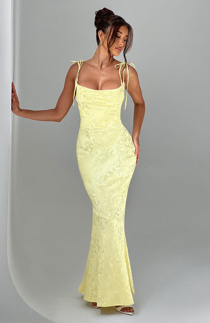 Women's yellow greer square maxi dress, styled view