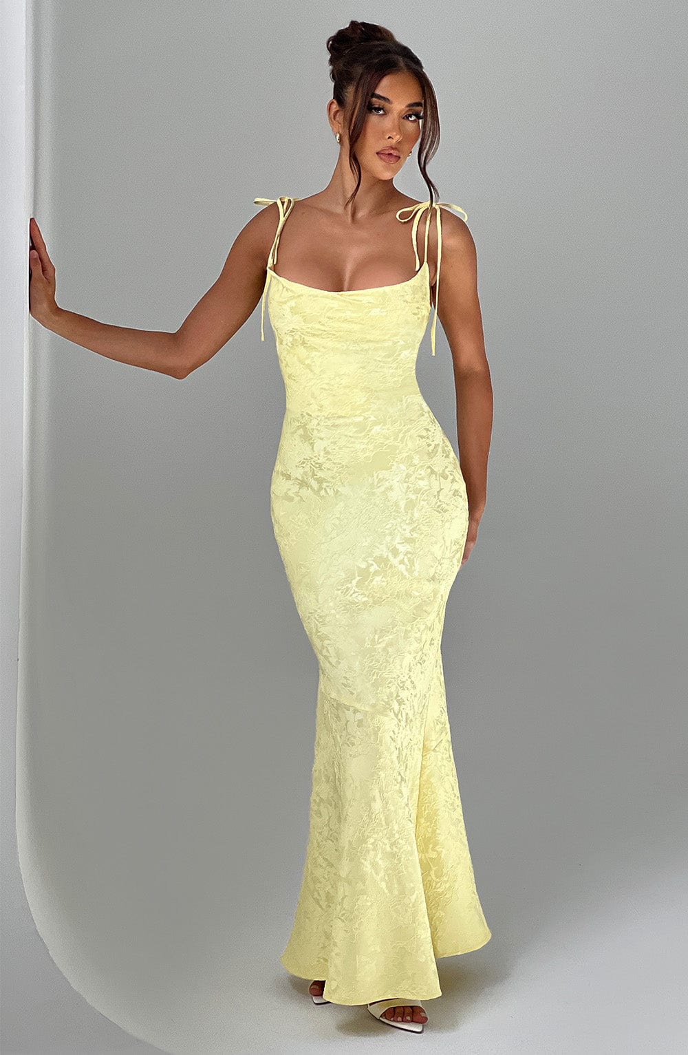 Women's yellow greer square maxi dress, close up