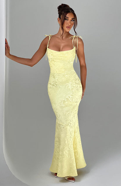 Women's yellow greer square maxi dress, close up