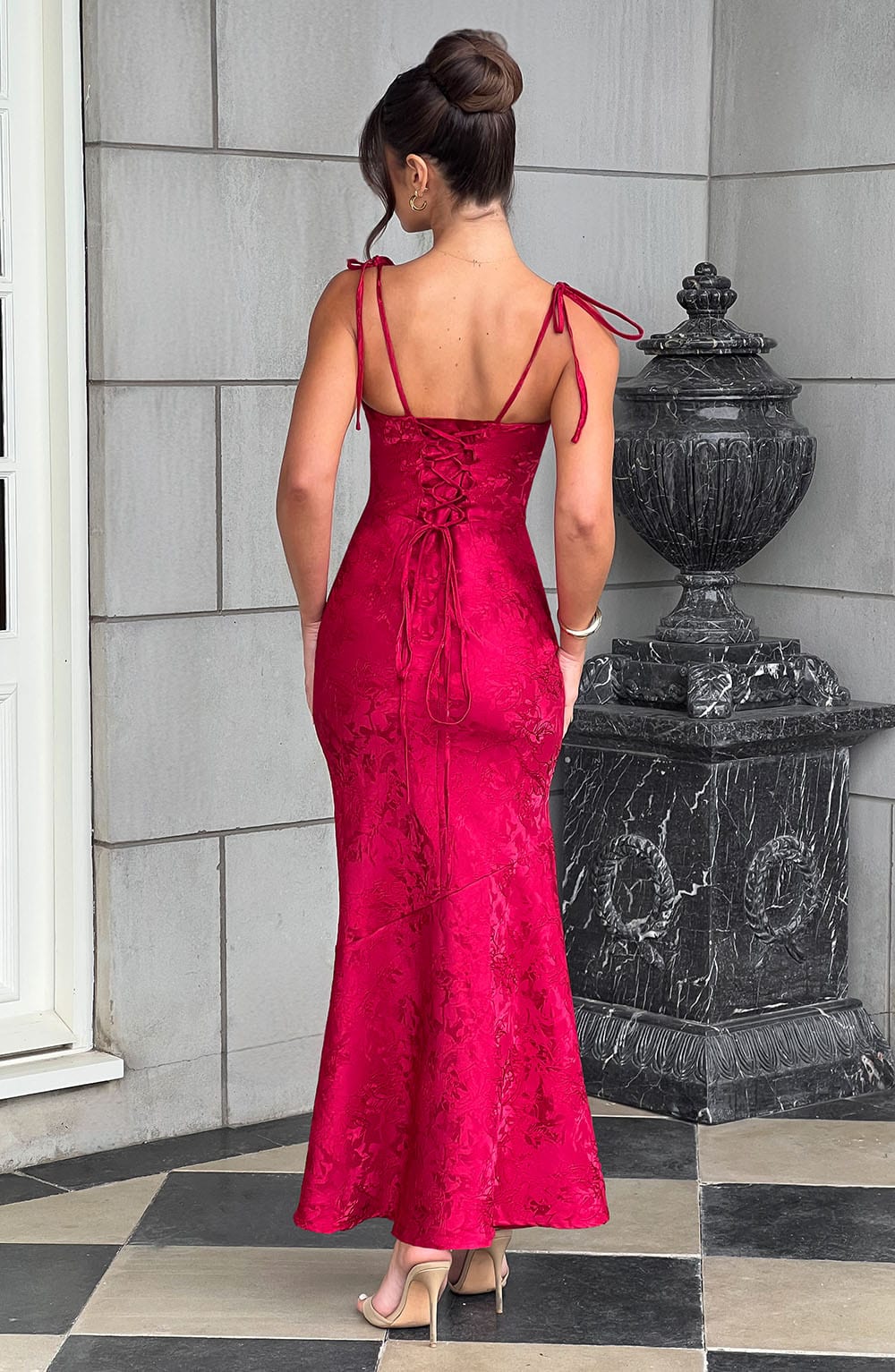 Women's red greer square maxi dress, back view