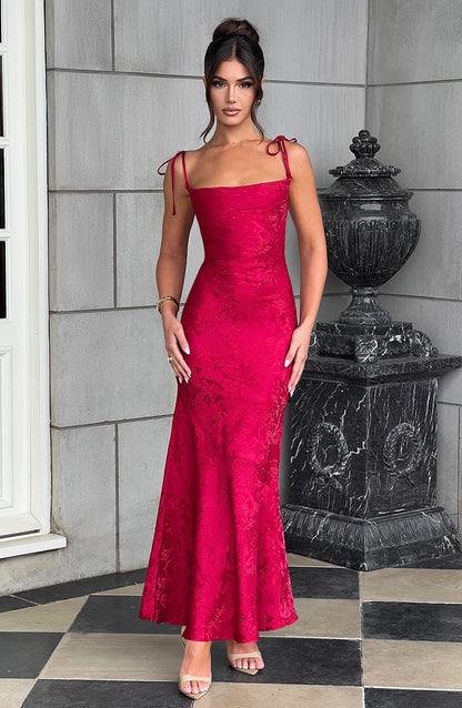 Women's red greer square maxi dress, side view