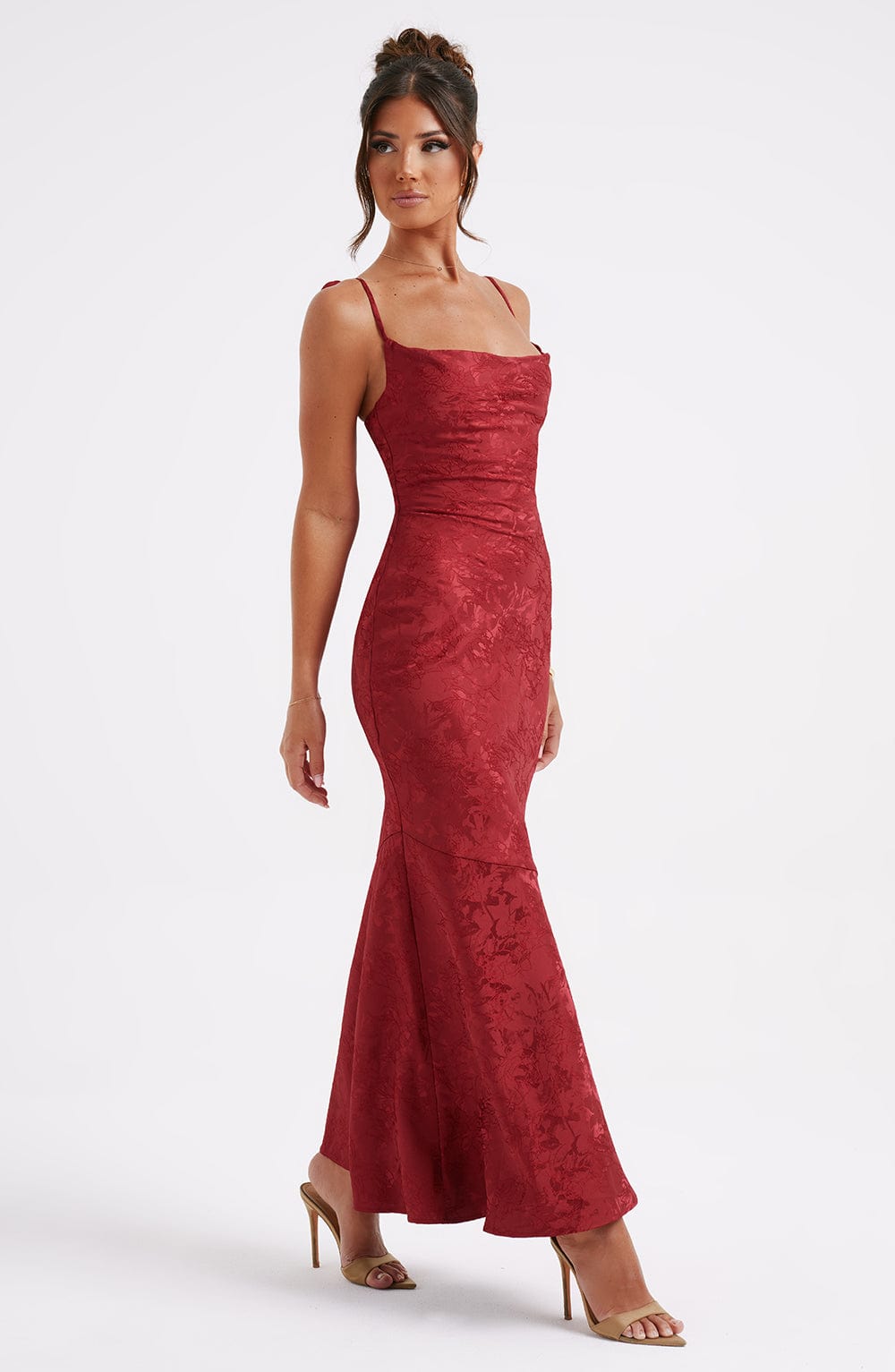 Women's red greer square maxi dress, detail view