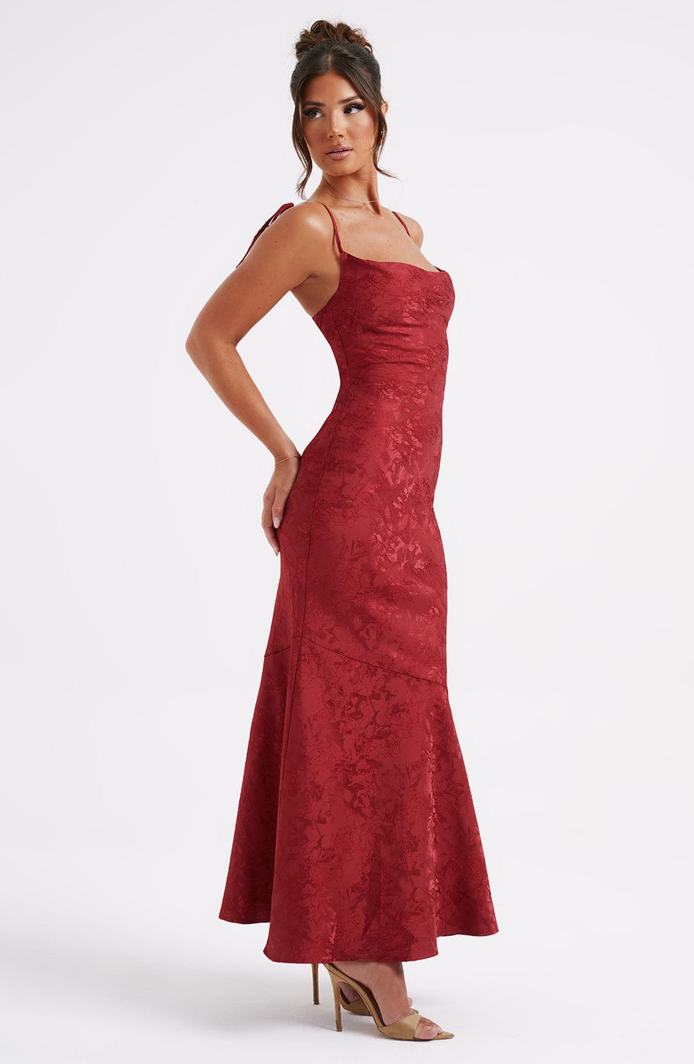 Women's red greer square maxi dress, close up