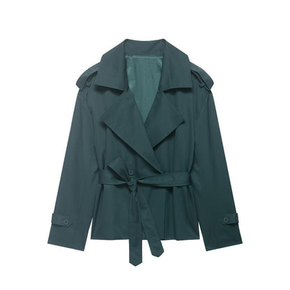 Women beige cropped trench coat with wide notch lapel and self tie waist belt