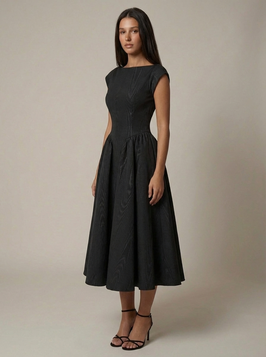 Three-quarter view black fit and flare midi dress with textured fabric and gathered waist