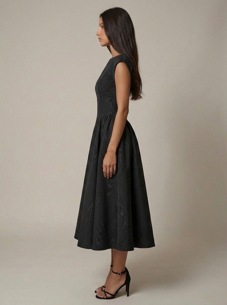 Side profile black midi dress with cap sleeves, cinched waist and A-line skirt