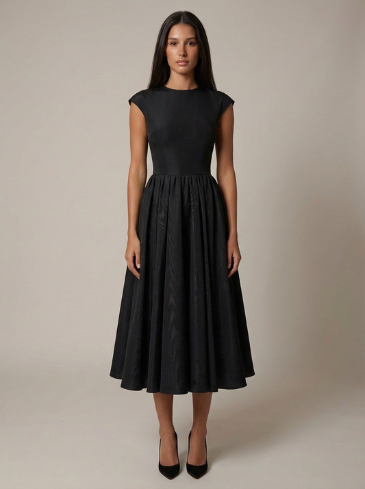 Front view black midi dress with cap sleeves, fitted bodice and full pleated skirt