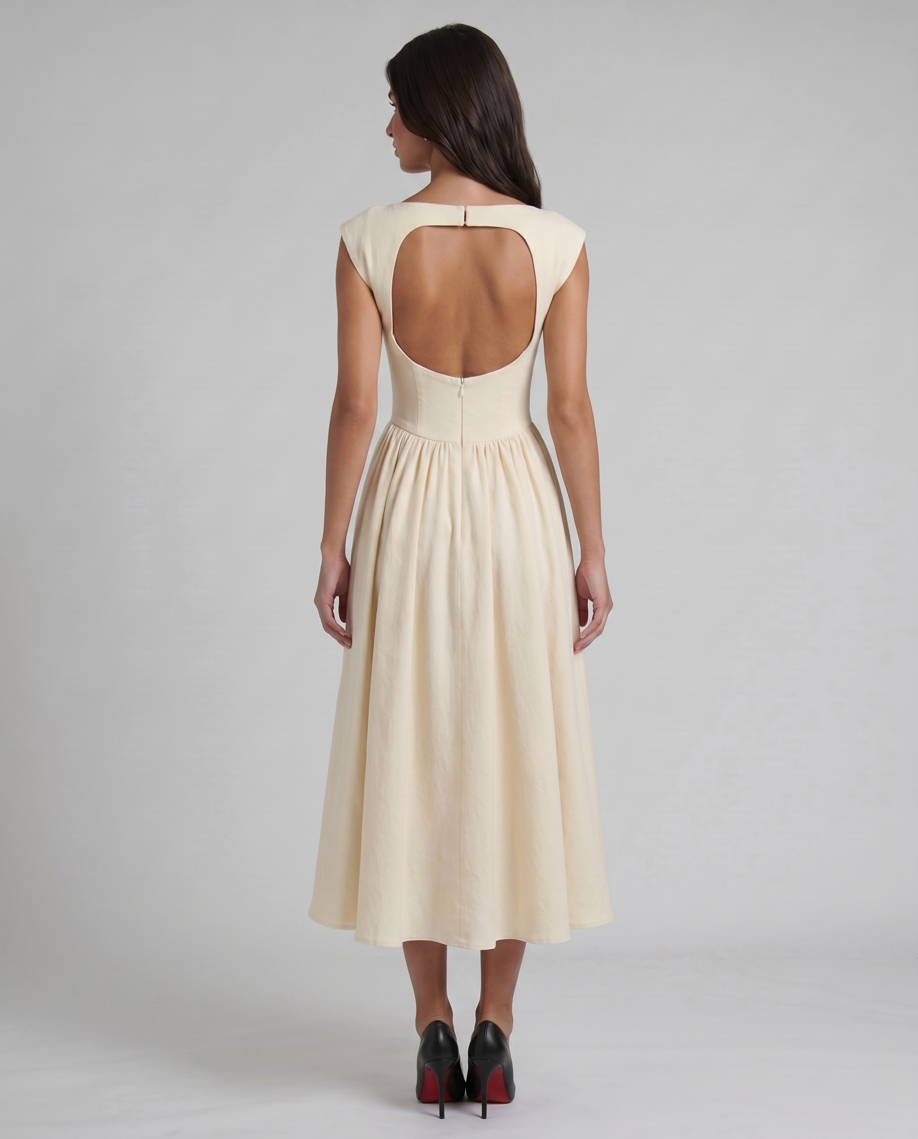 Back view white midi dress with large open scoop back, top clasp, and center zipper