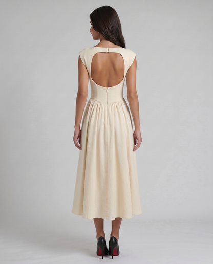 Back view white midi dress with large open scoop back, top clasp, and center zipper