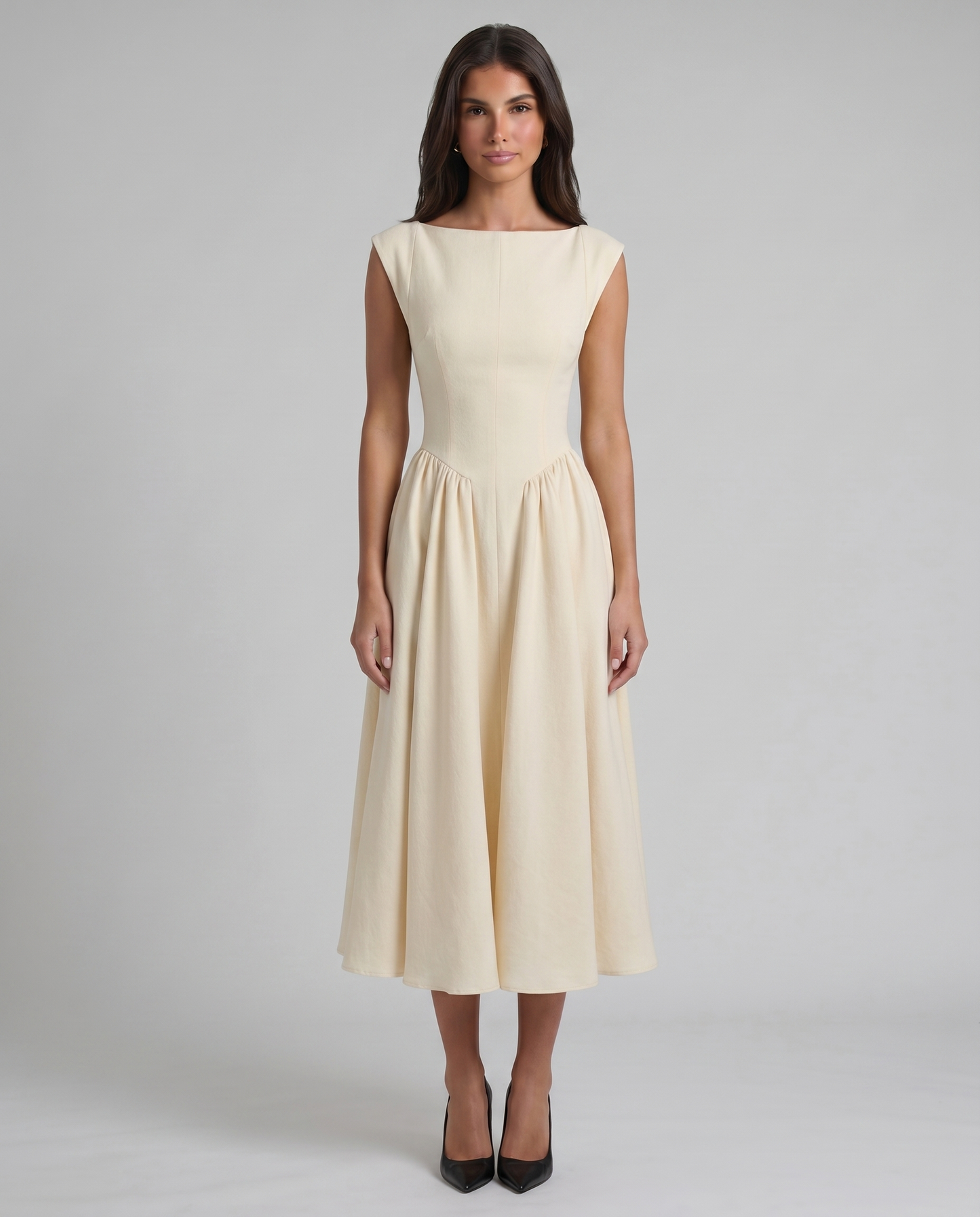 White sleeveless midi dress with boat neckline and gathered skirt, front full-length view