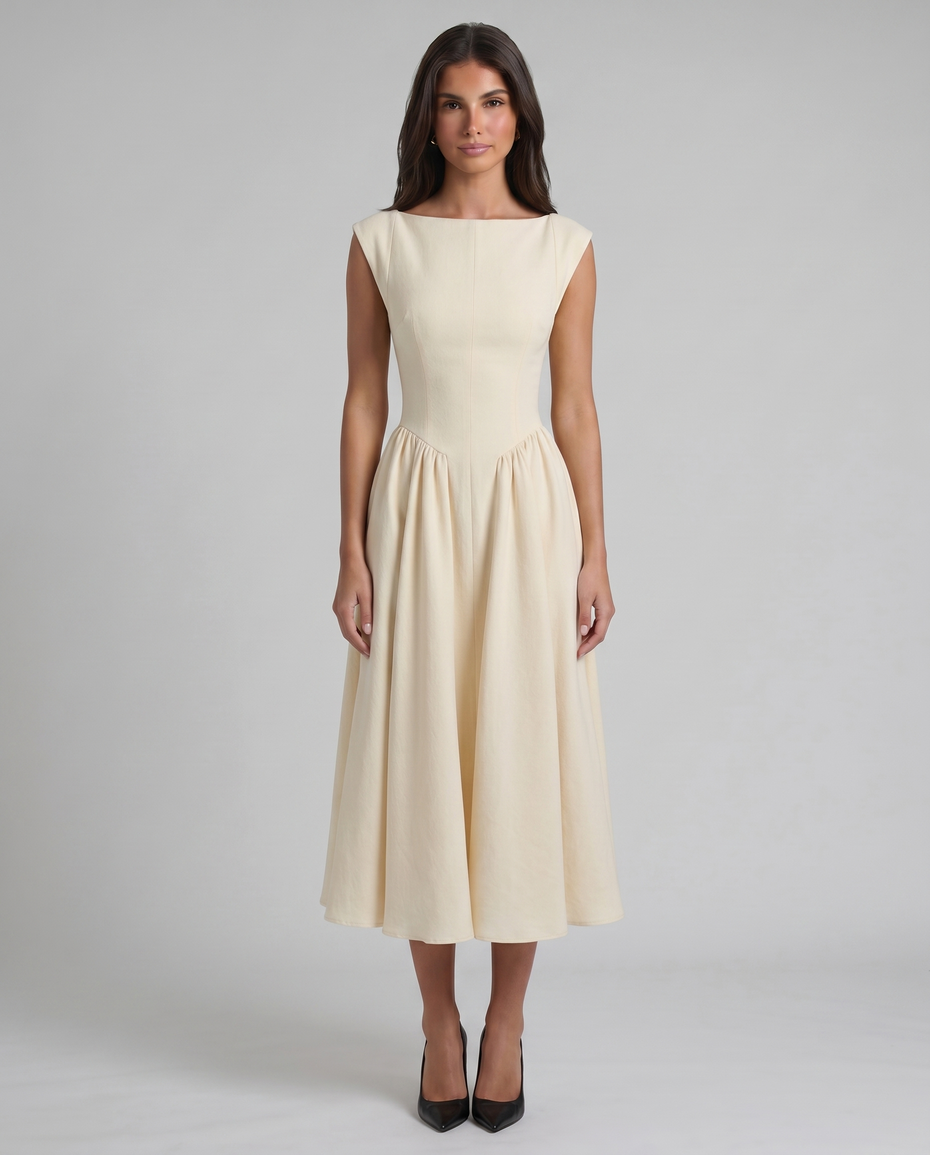 White sleeveless midi dress with boat neckline and gathered skirt, front full-length view