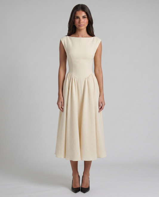 White sleeveless midi dress with boat neckline and gathered skirt, front full-length view