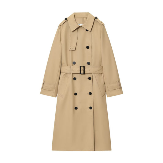 Women beige longline trench coat with double breasted front and buckled waist belt