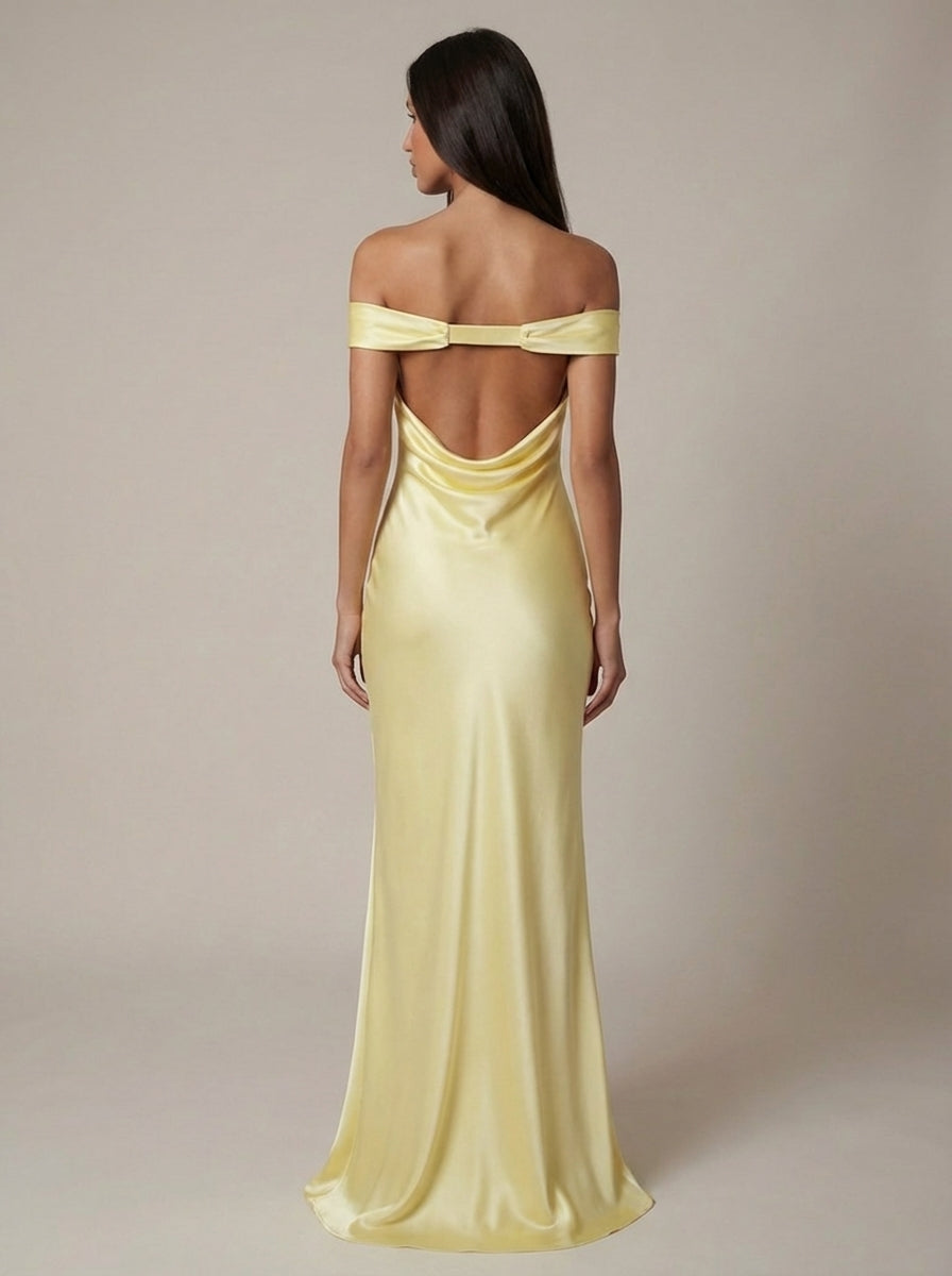 Back view yellow satin off-shoulder maxi dress with low open back and draped skirt