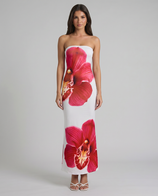 Strapless white maxi dress with bold red orchid floral print, full-length front view