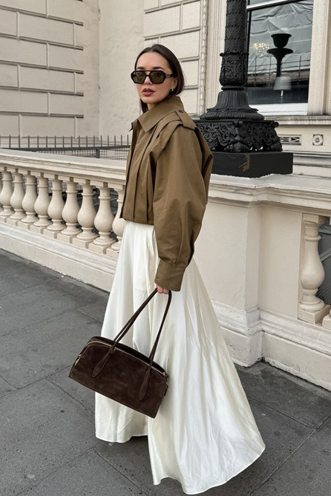 Women brown cotton twill cropped utility jacket with pointed collar