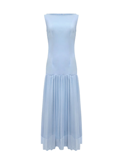 Sleeveless Gauze Pleated Solid Color Split-Joint Boat Neck Evening Dresses Maxi Dresses