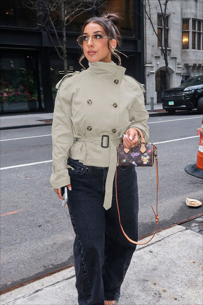 Women beige belted trench coat with double breasted front and buckle waist belt