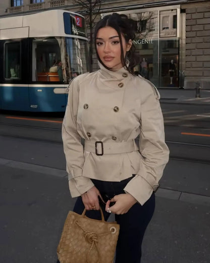 Women beige belted trench coat with double breasted front and buckle waist belt