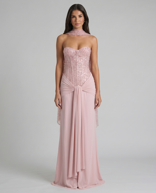 Front full-length pink maxi dress with sequin corset bodice, choker scarf, and draped waist knot
