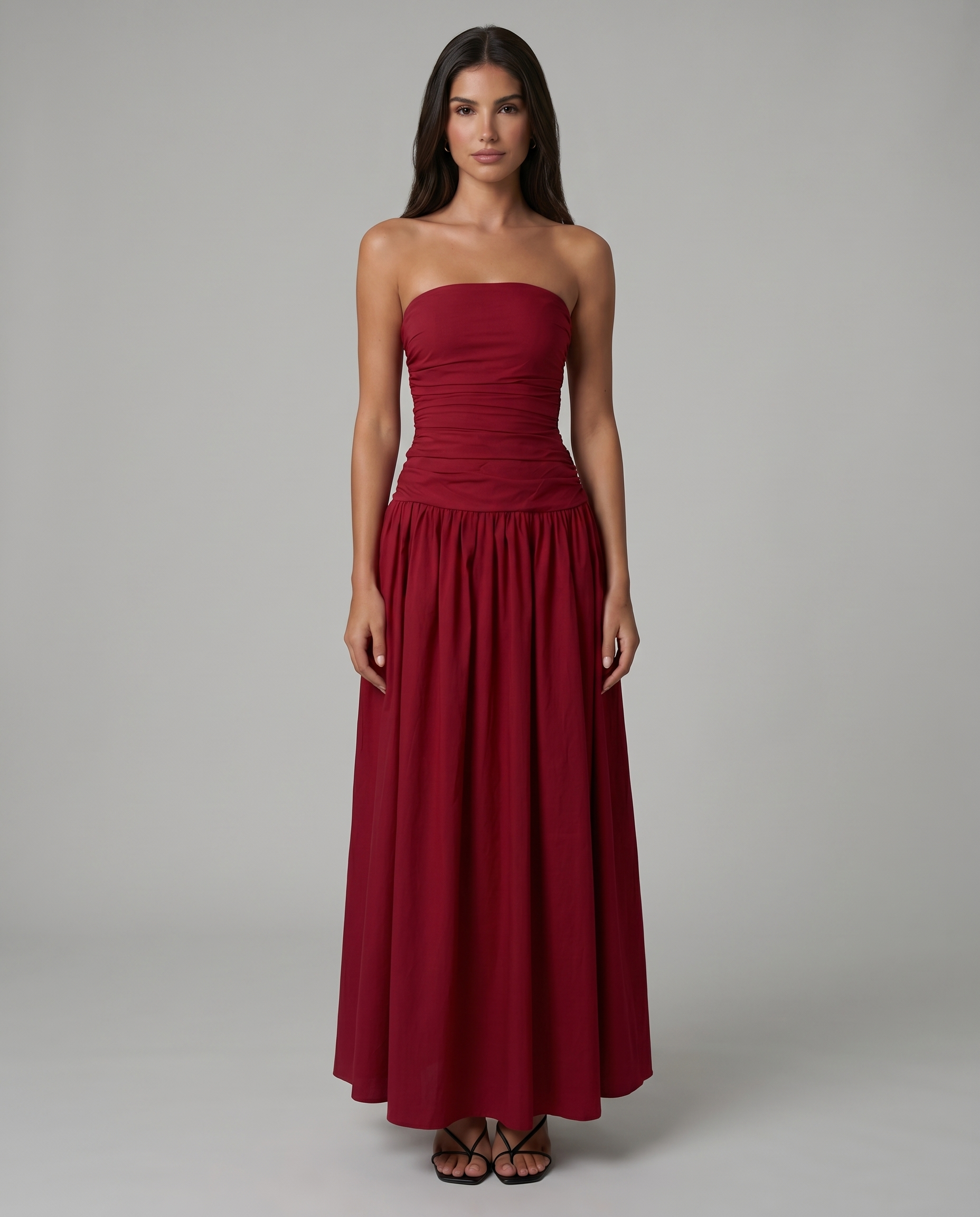 Red strapless ruched bodice maxi dress with gathered skirt, front full-length view