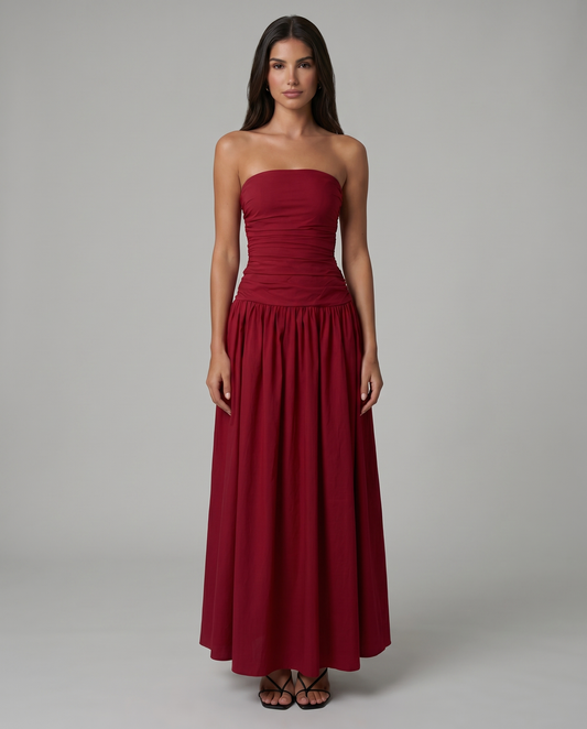 Red strapless ruched bodice maxi dress with gathered skirt, front full-length view