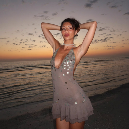 Cecilia Sequin Mini Dress – Beige