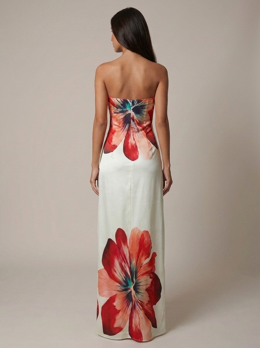 Back view of strapless white maxi dress featuring large red flower print at bodice and hem