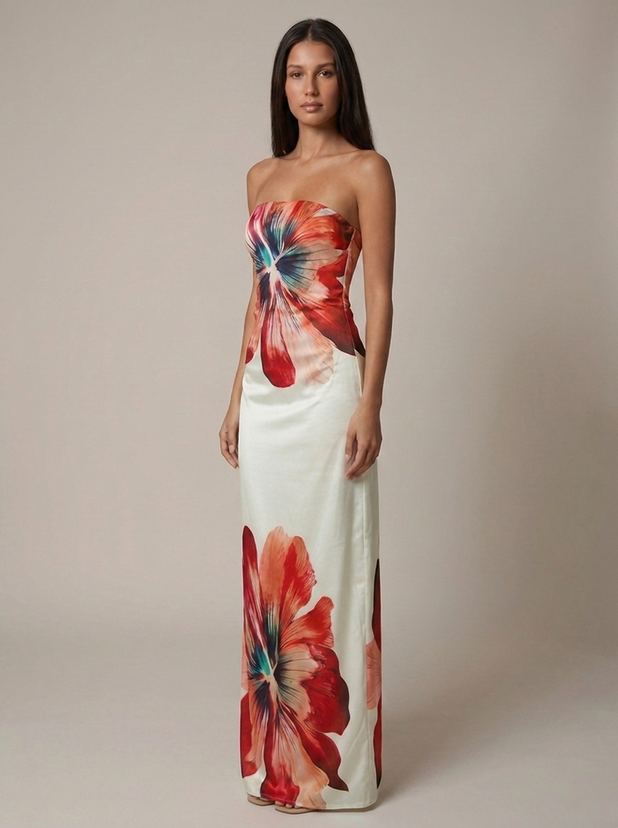 Three-quarter view of white strapless maxi dress with oversized red floral graphic and sleek fit
